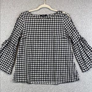 Madewell bell sleeve lace up shoulder gingham blouse top cotton S cowgirl preppy